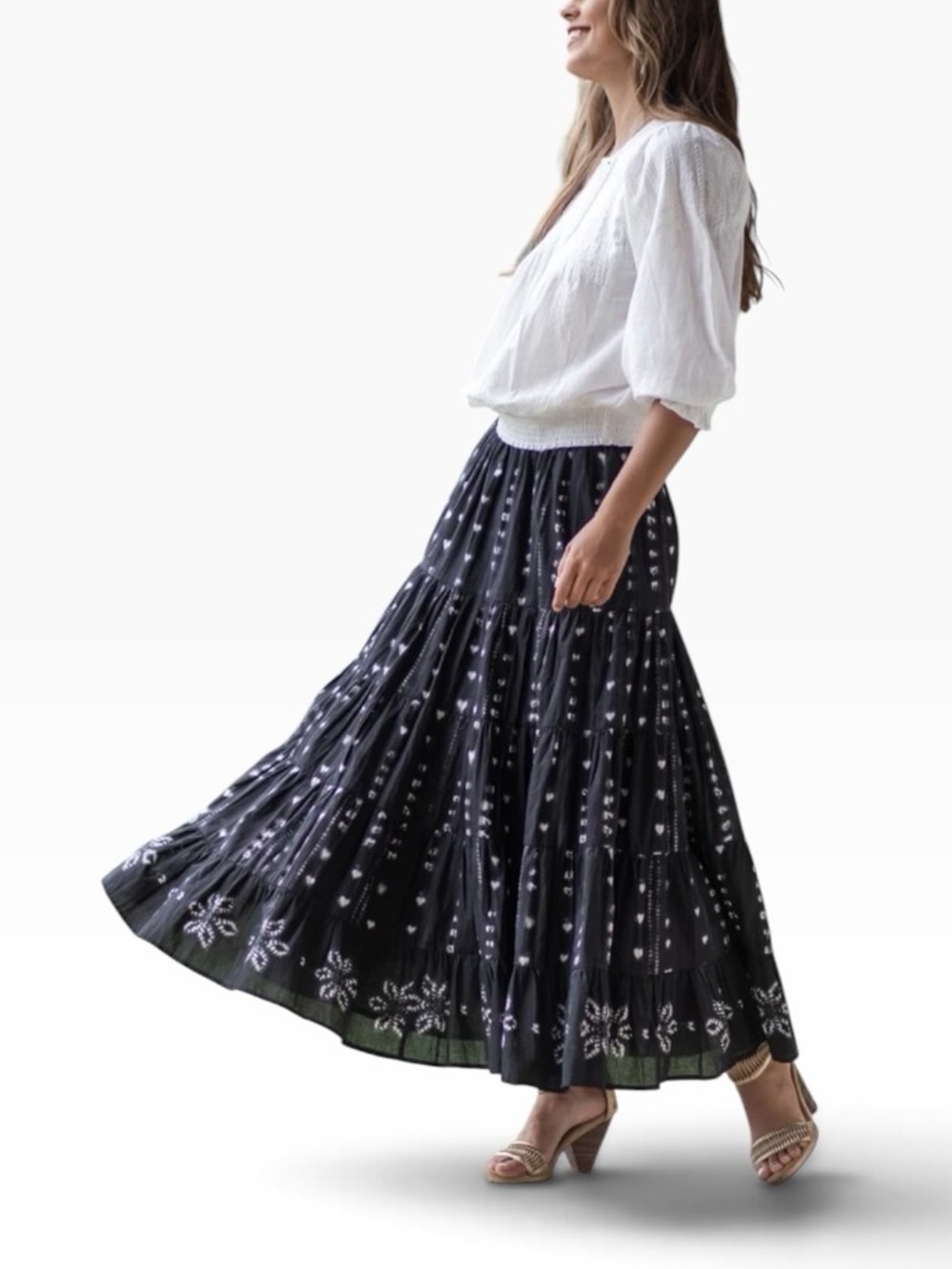 NOVICA Black and White Batik Maxi Skirt with White Heart Floral Print - XXL